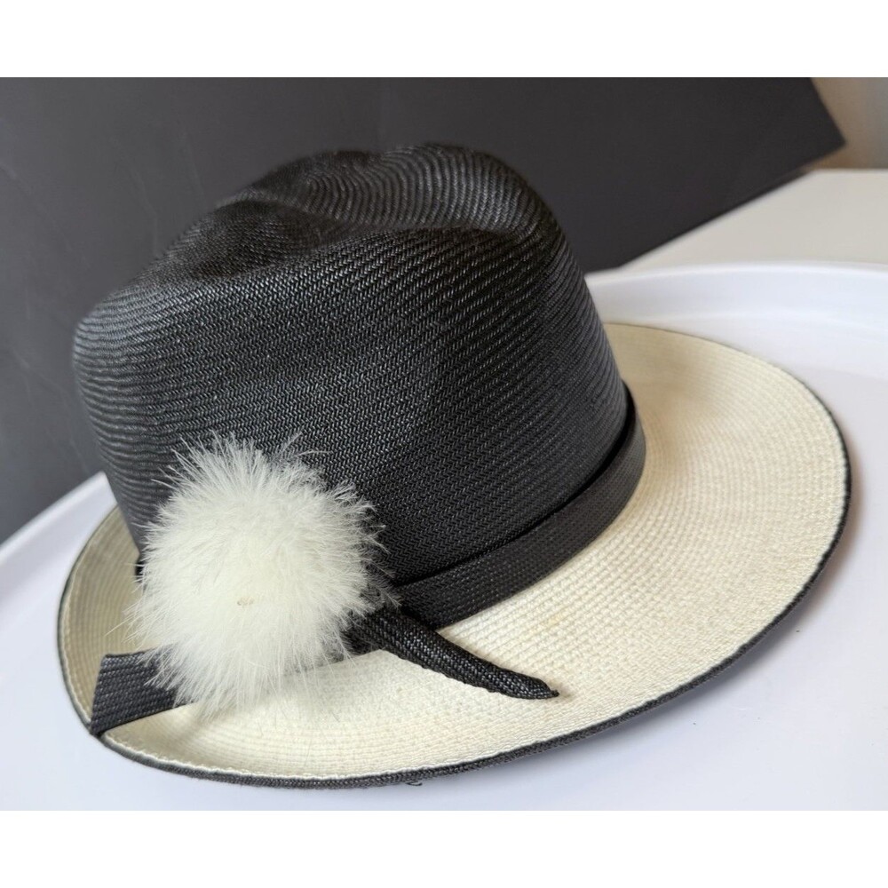 Vintage Mr John Classic Hat Black Ivory Straw Fedora delicate Pom Pom NY Paris - Picture 3 of 16